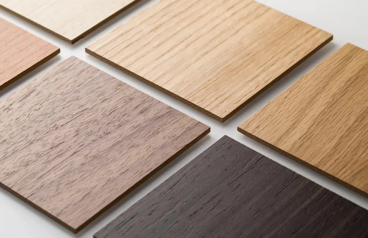 Échantillons de bois disposés en rangées sur une surface blanche